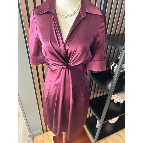 BCBGMaxAzria Silk Dress A-Line Burgundy Merlot Size 2 Wrap Tie Waist Bow Lined - Picture 1 of 6